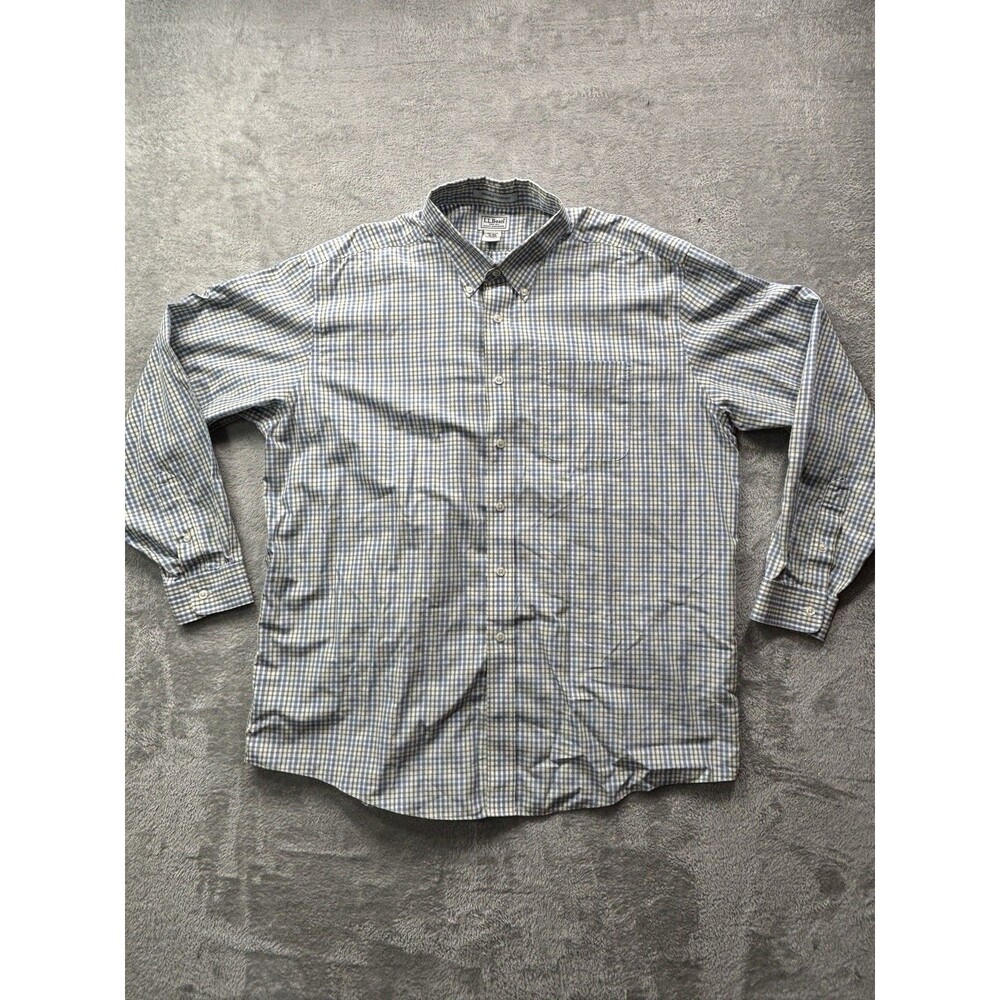 LL Bean Mens Medium Tall Button Down Blue Yellow Gingham Shirt Wrinkle Resistant